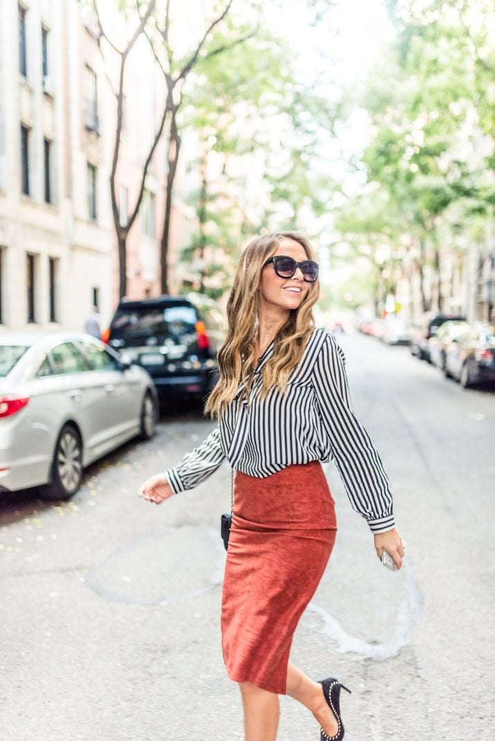 pencil skirt striped blouse