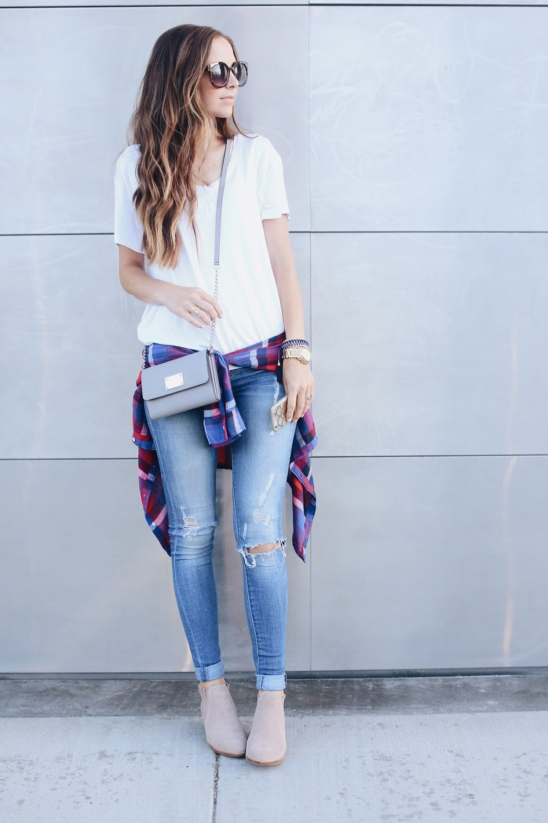 white t-shirt with jeans and a flannel shirt