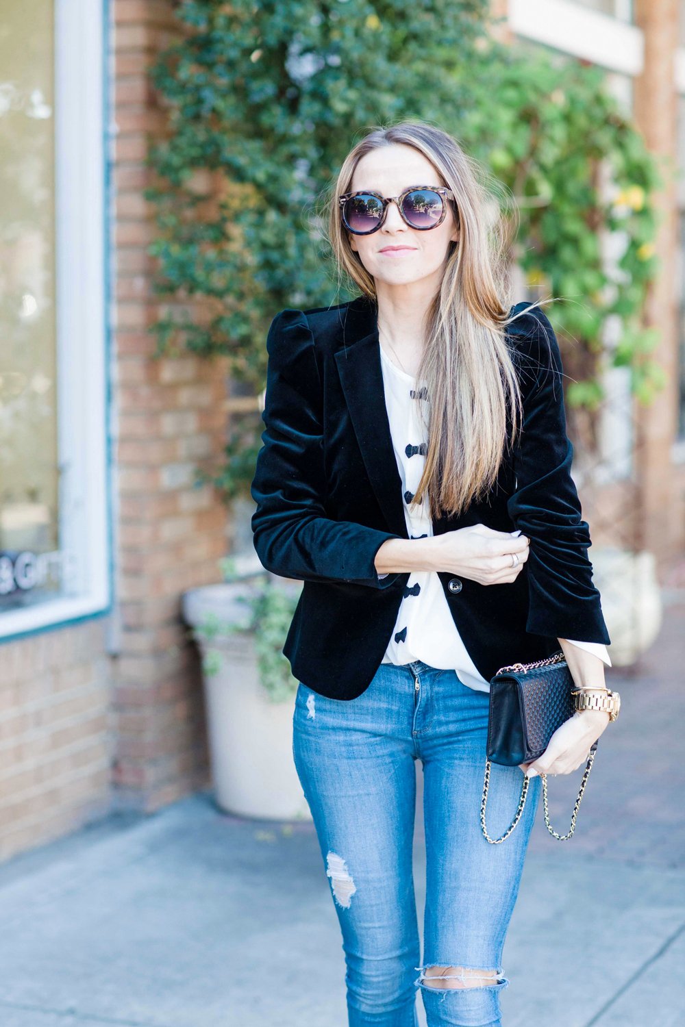 Merrick's Art Velvet Blazer and Bow Shirt