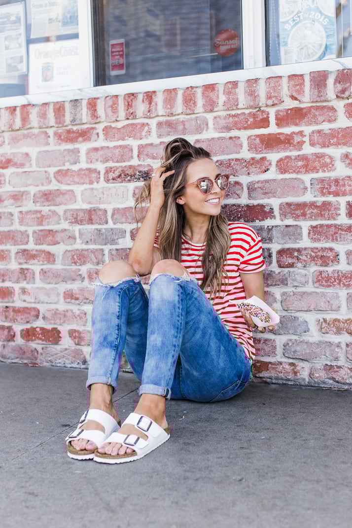 striped tee with birkenstocks