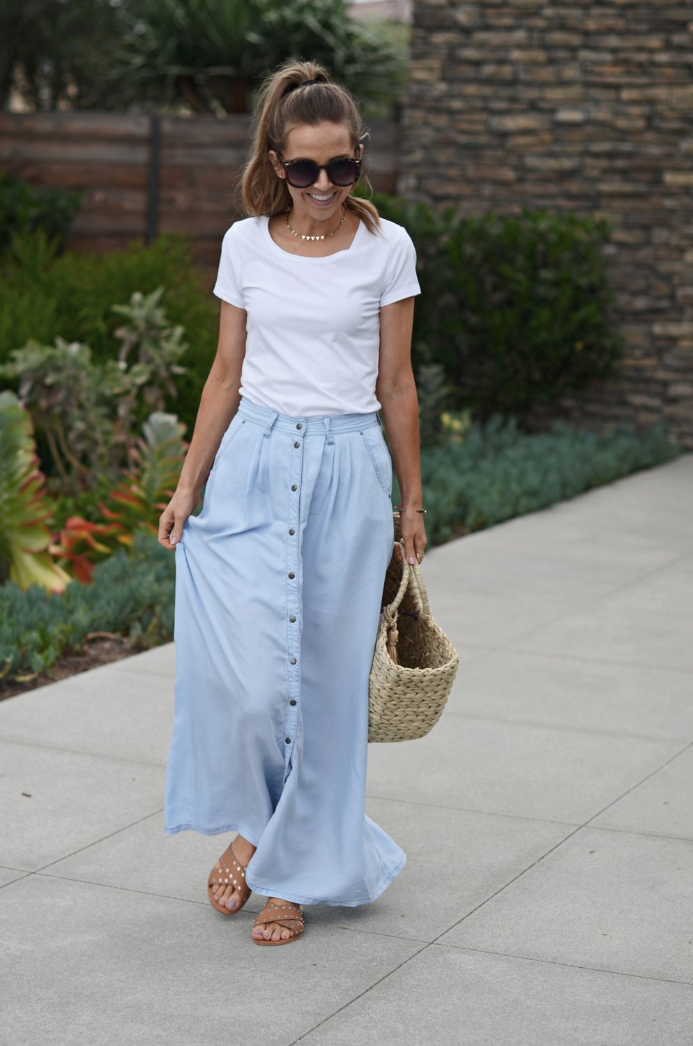 Merrick's Art Light blue chambray maxi skirt with buttons