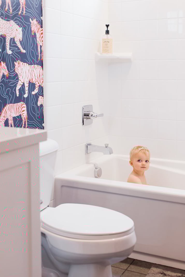 Merrick's Art White and Navy Bathroom