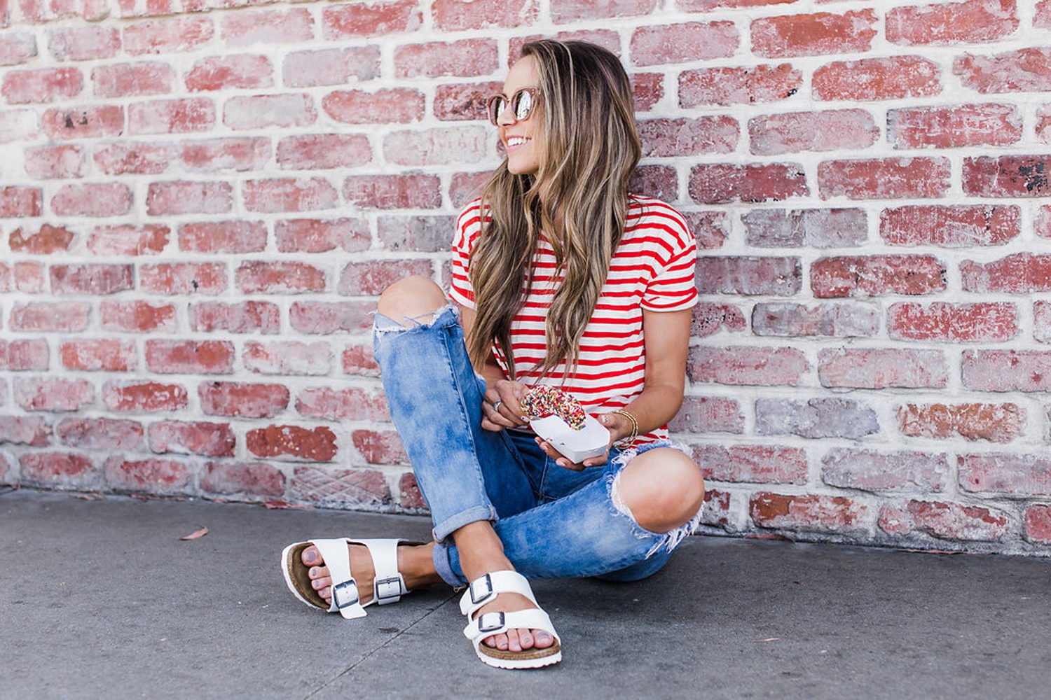 Merrick's Art | Red Striped Top and White Sandals