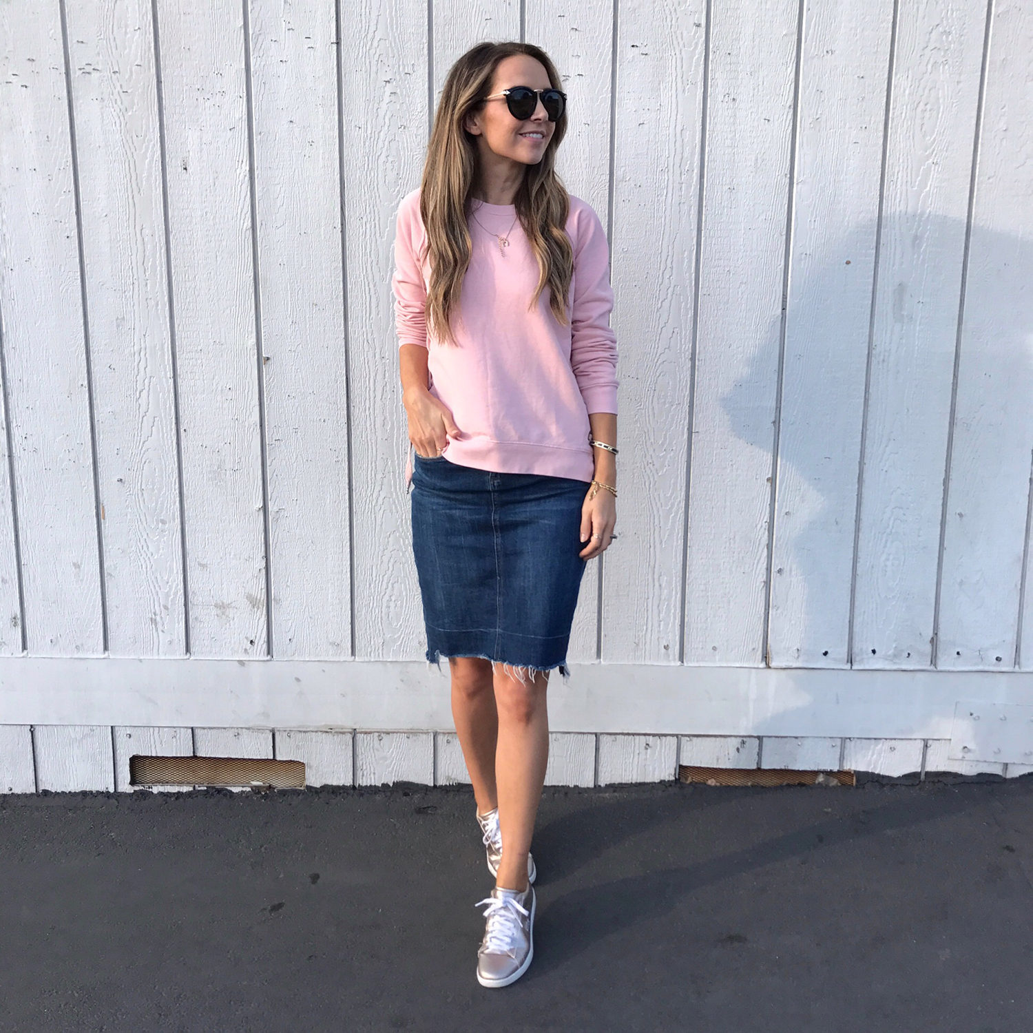 merricksort.com | pink lace-up sweater and denim skirt