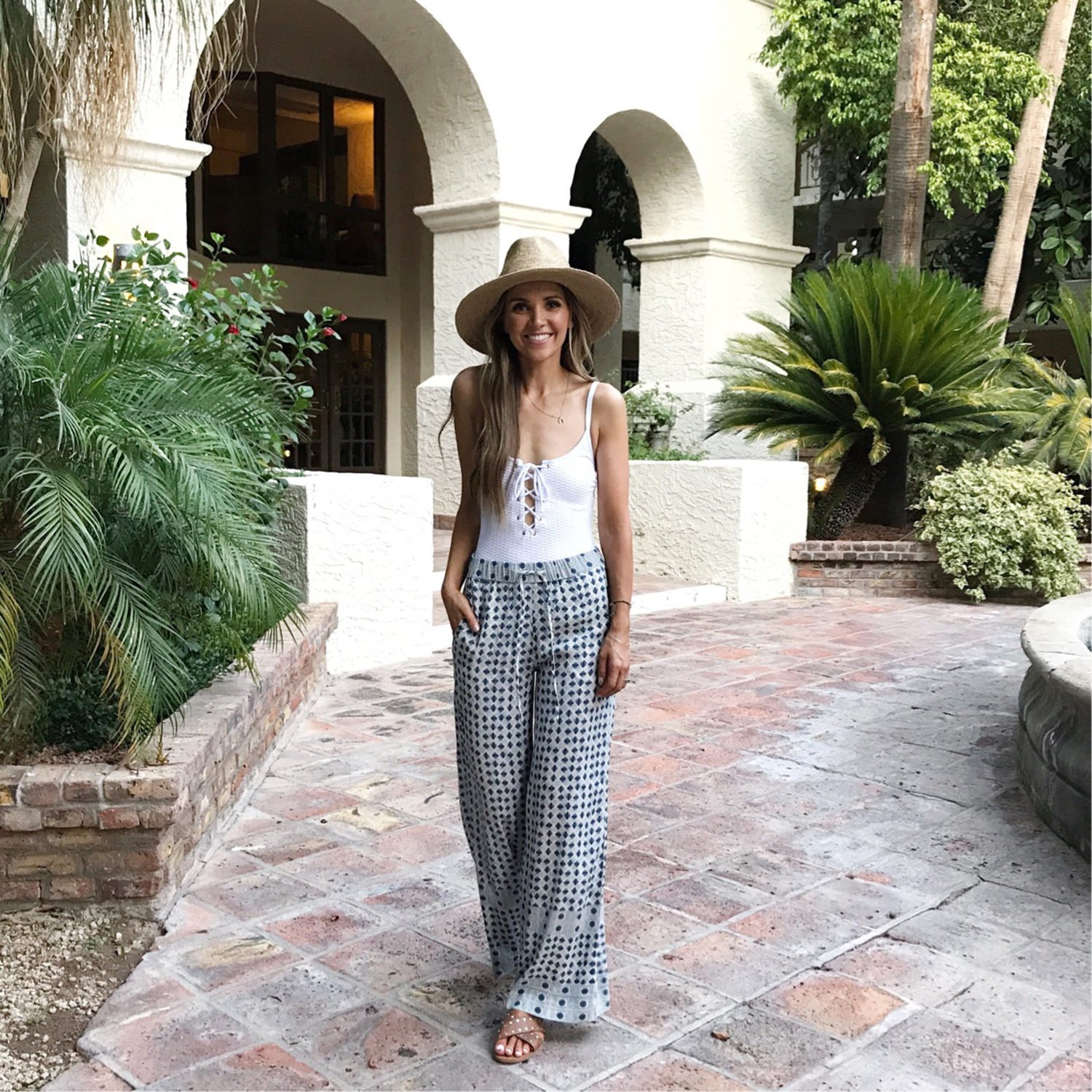 merricksort.com | White One-Piece Swimsuit and Wide Leg Pants