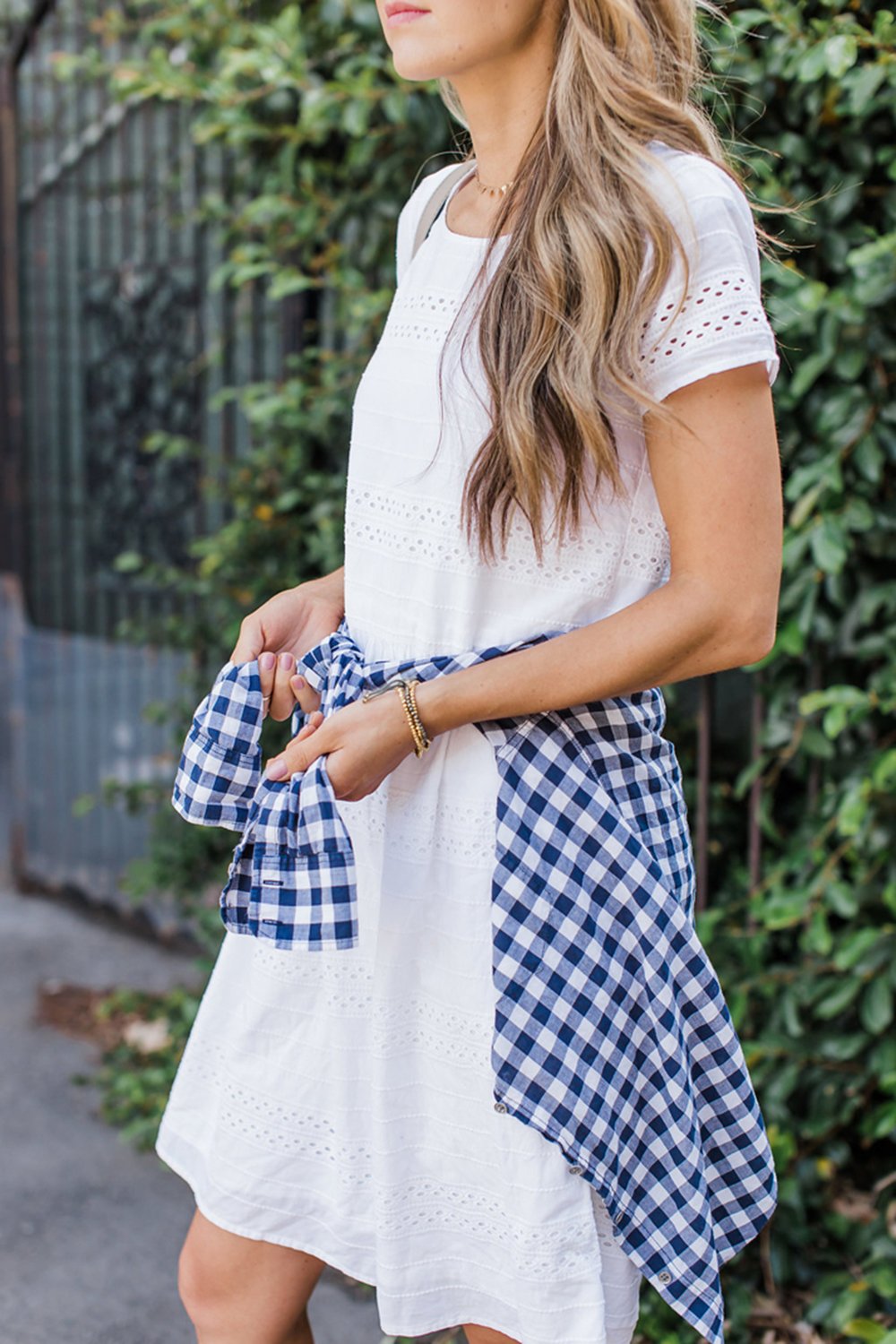 merricksort.com | white dress and blue gingham shirt