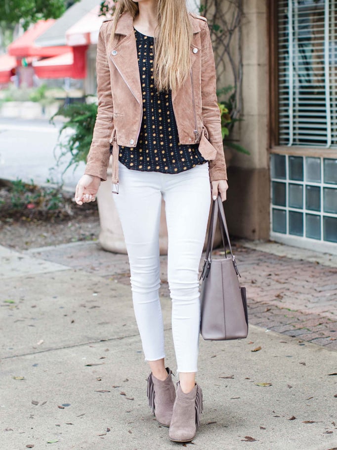 white jeans and suede jacket | merricksort.com