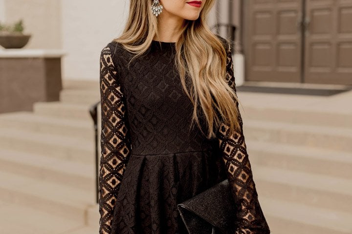 lace sleeves and diamond statement earrings