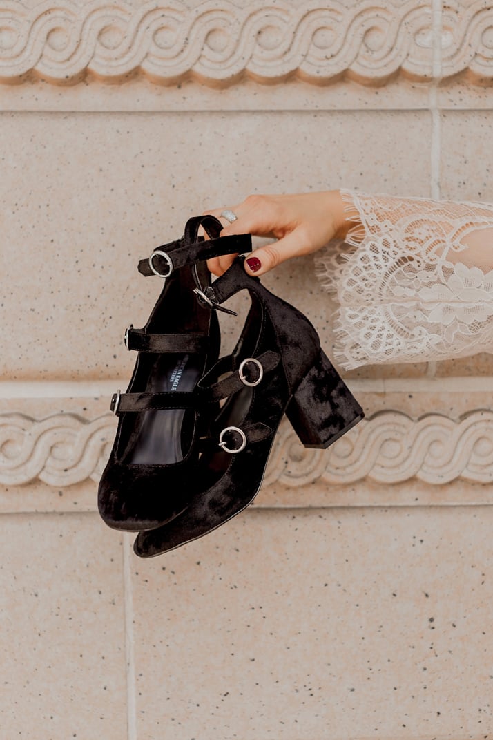 strappy black velvet block heel shoes