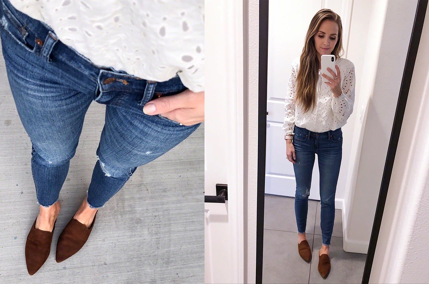 white eyelet detail and full look