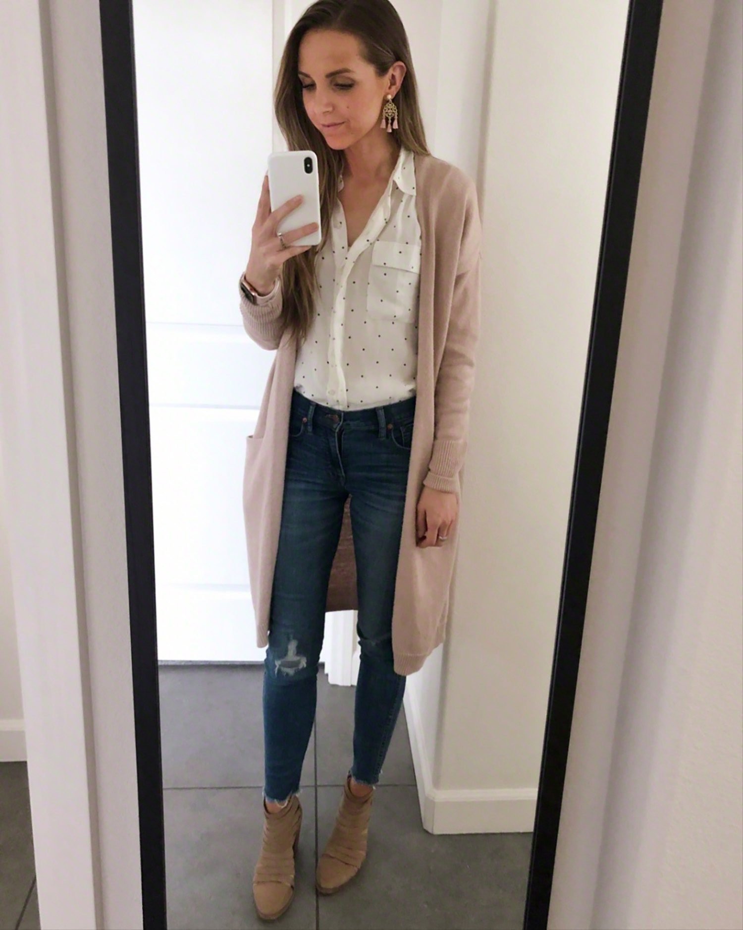 white blouse and blush cardigan | merricksort.com
