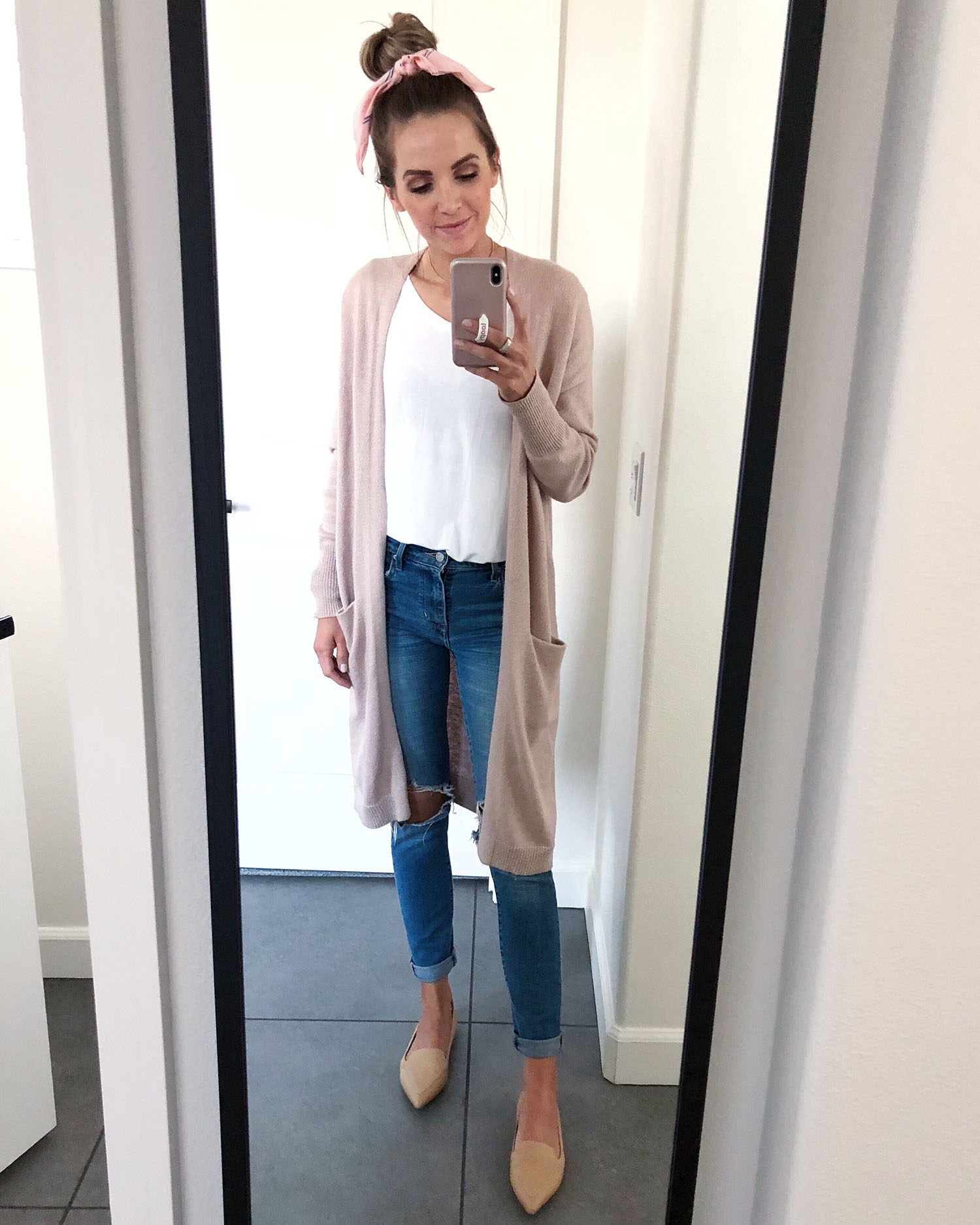 white tee and cardigan