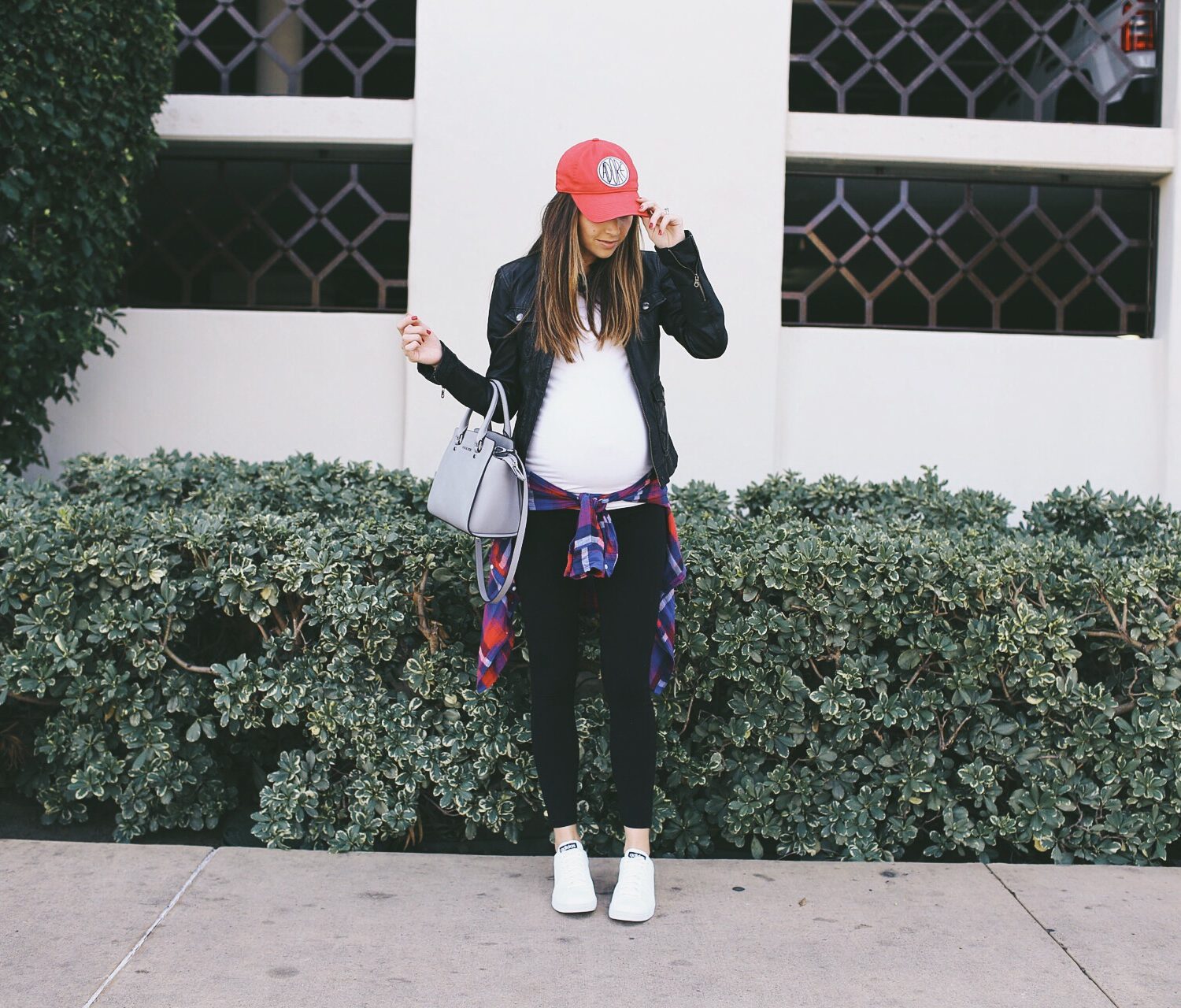 black leggings, black jacket, white tee
