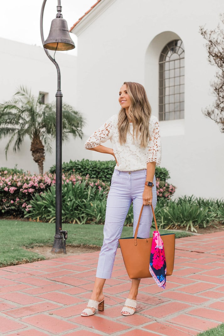 This pinstripe pant and lace top combination makes a fun and easy work outfit