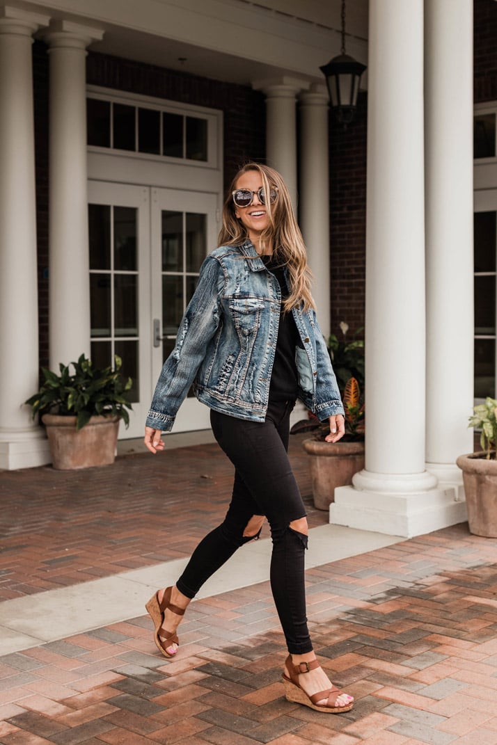 black on black, a denim jacket, and wedge sandals