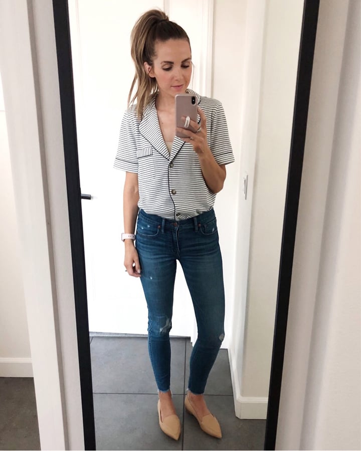 wearing this madewell pajama shirt as a top, and I love it!