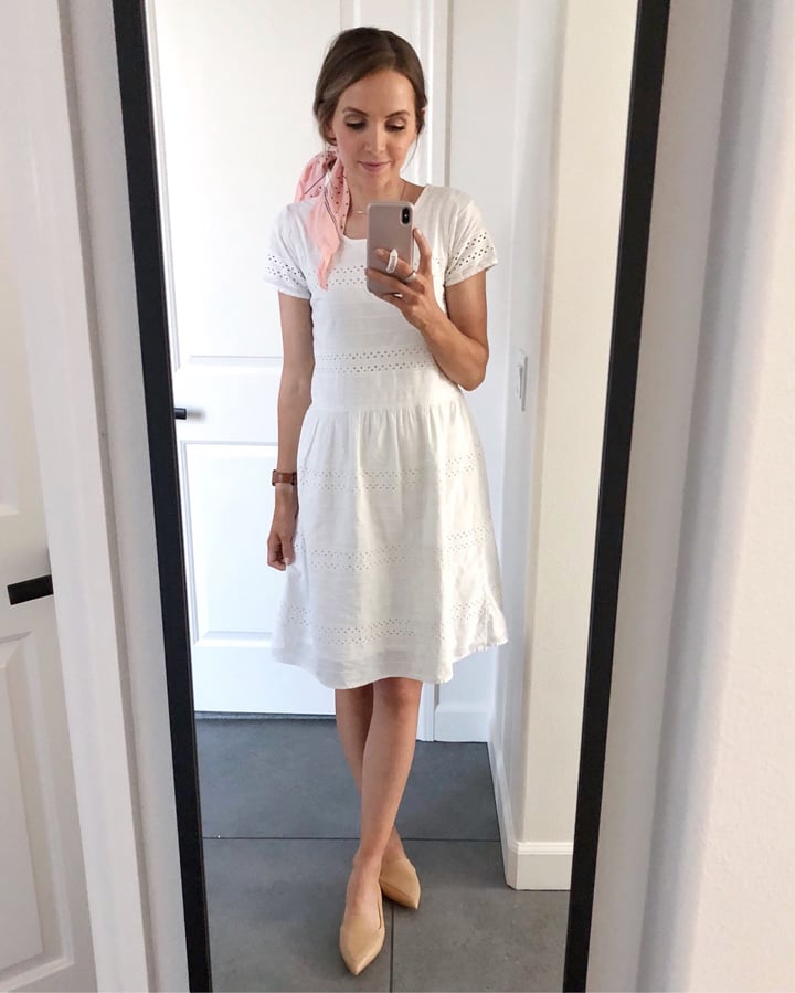 white eyelet dress and nude pointed loafers from m.gemi