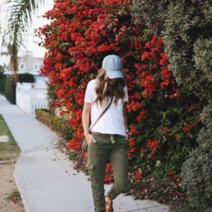 this olive pants and denim hat combo is easy and cute