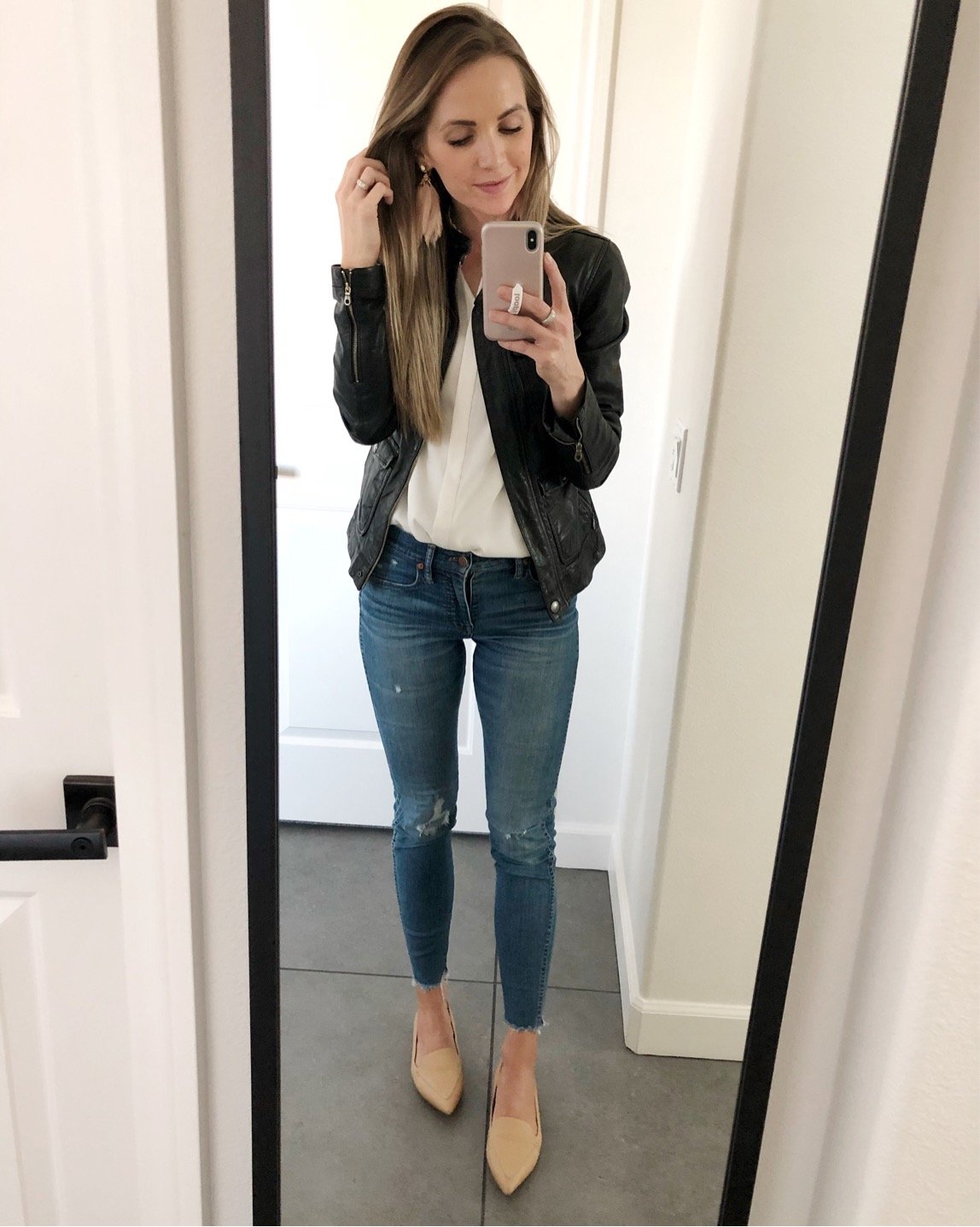 black leather jacket and jeans