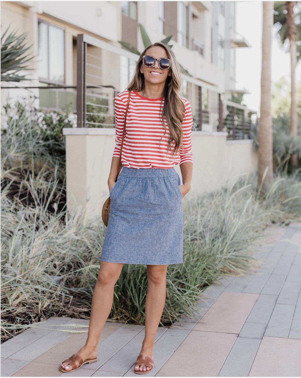 chambray skirt and red stripe top