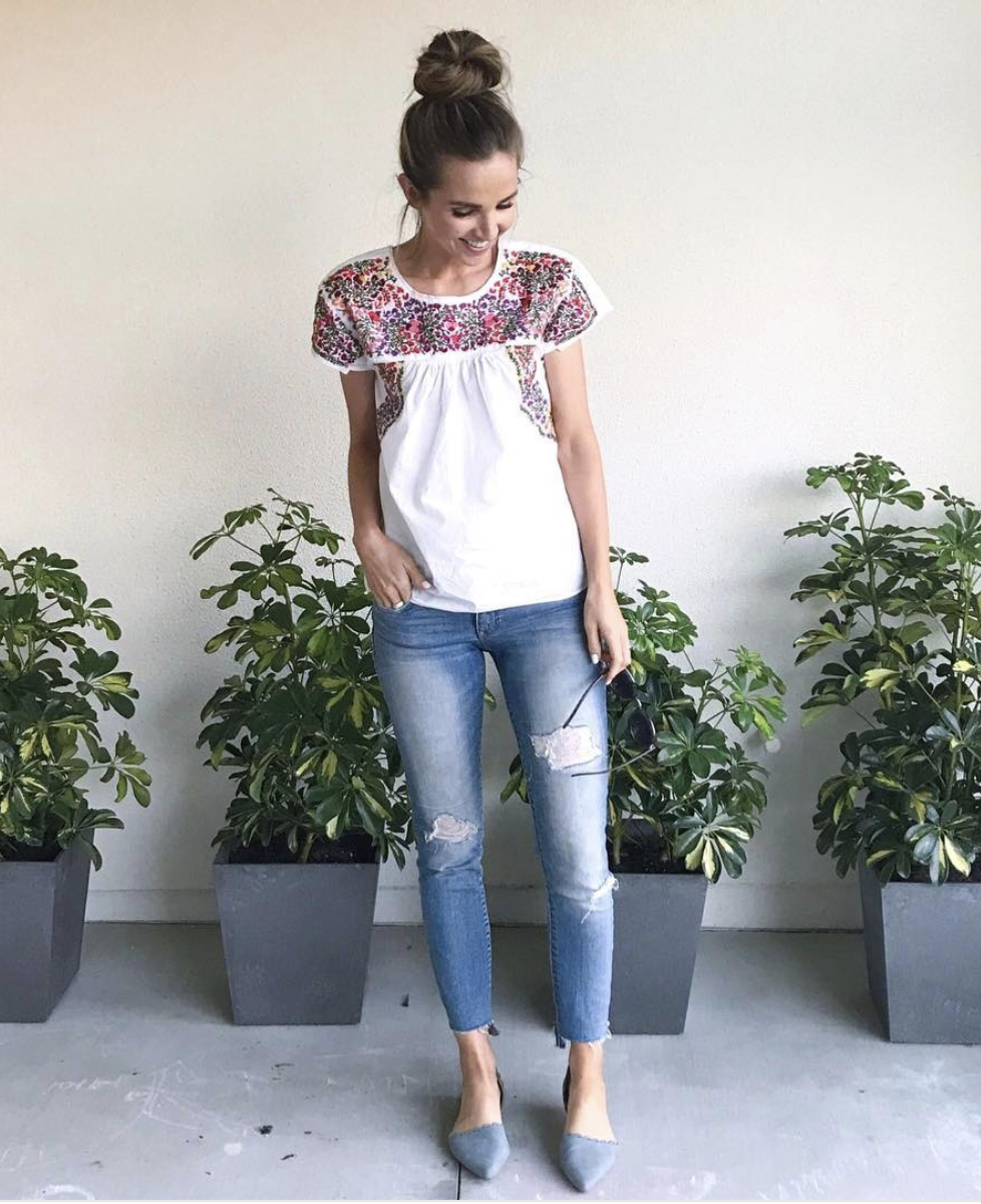 jeans and embroidered top