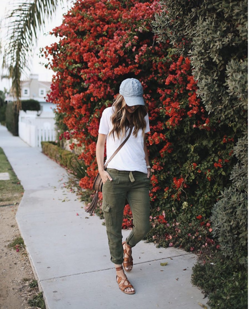 olive joggers and white tee