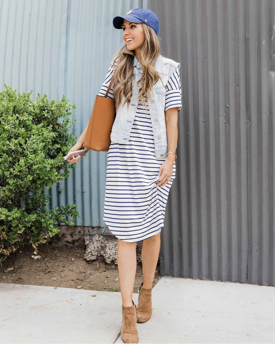 striped dress and denim vest