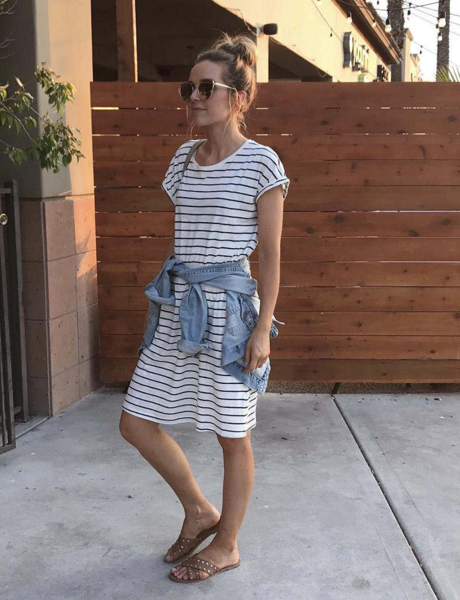 striped dress and sandals