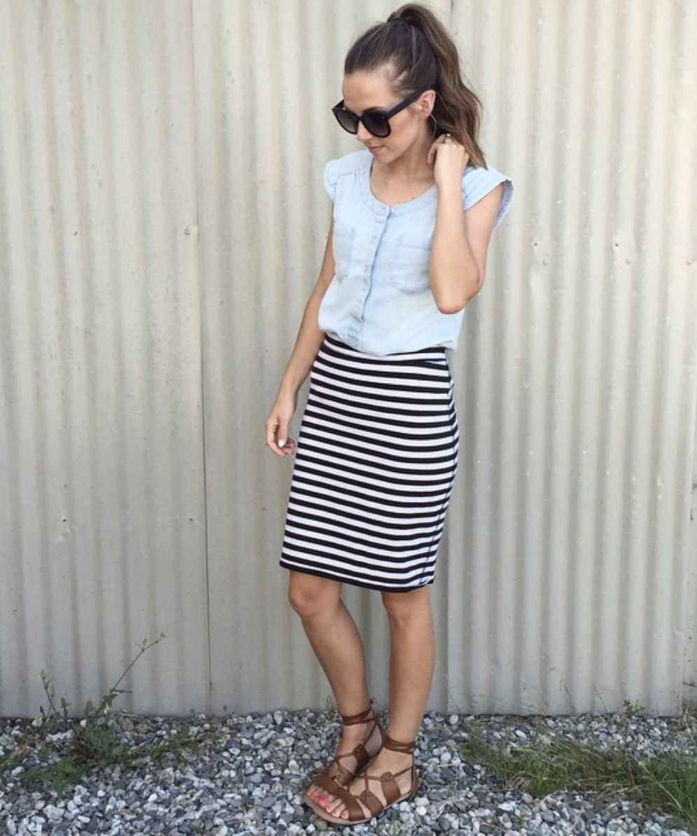 striped skirt and chambray top