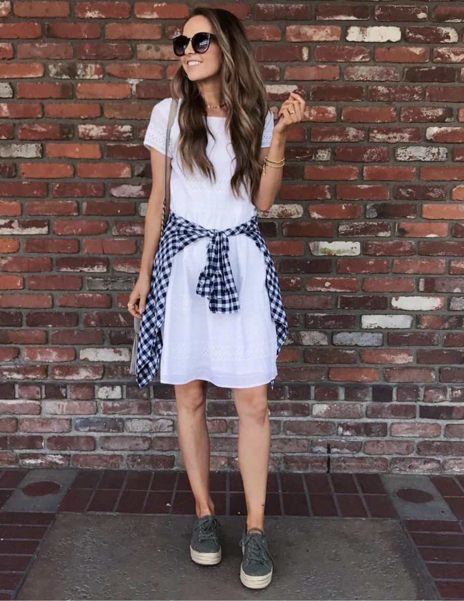 white eyelet dress and sneakers