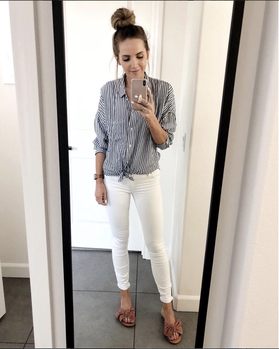 white jeans and striped button down
