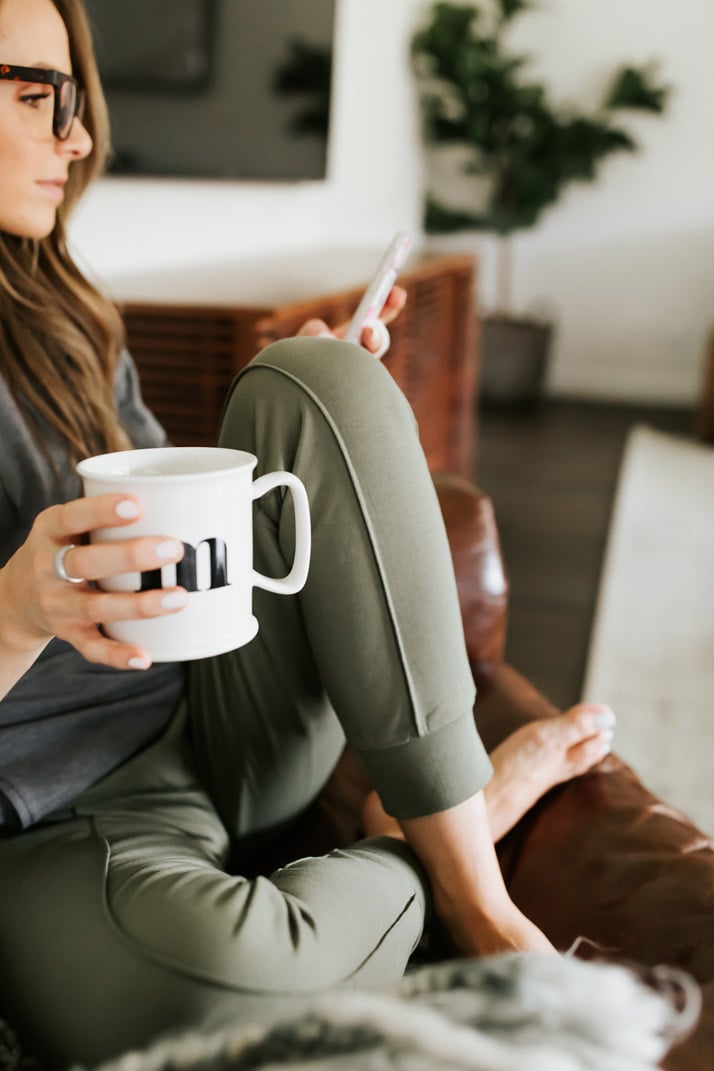wearing these comfy Cuddl Duds joggers at home