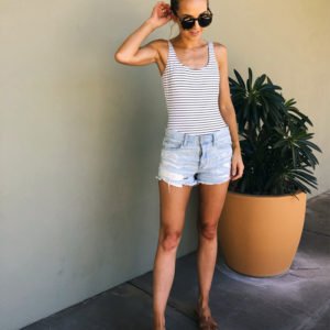 striped one piece swimsuit with denim shorts