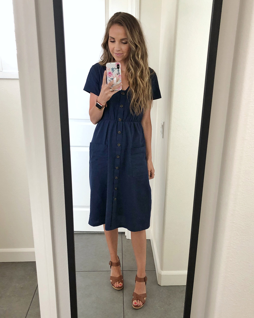 button front navy dress