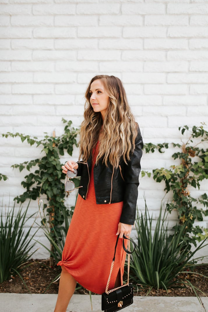 madewell dress with a black leather jacket