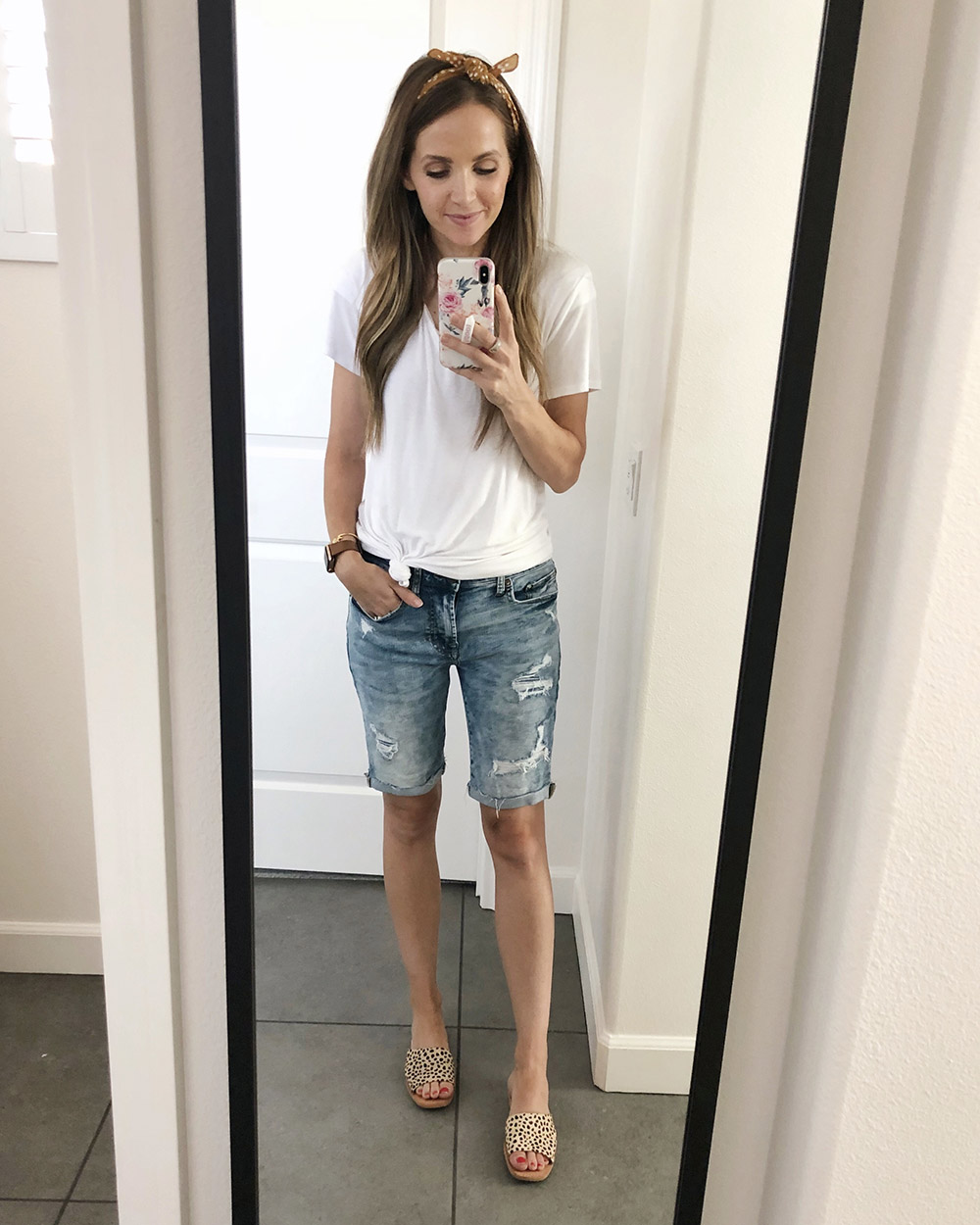 white tee and bermuda shorts