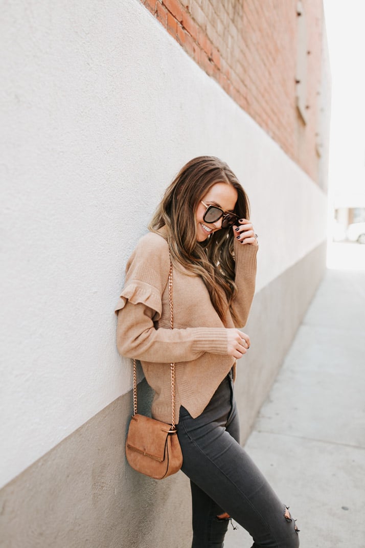 pretty little ruffle sleeve sweater for fall