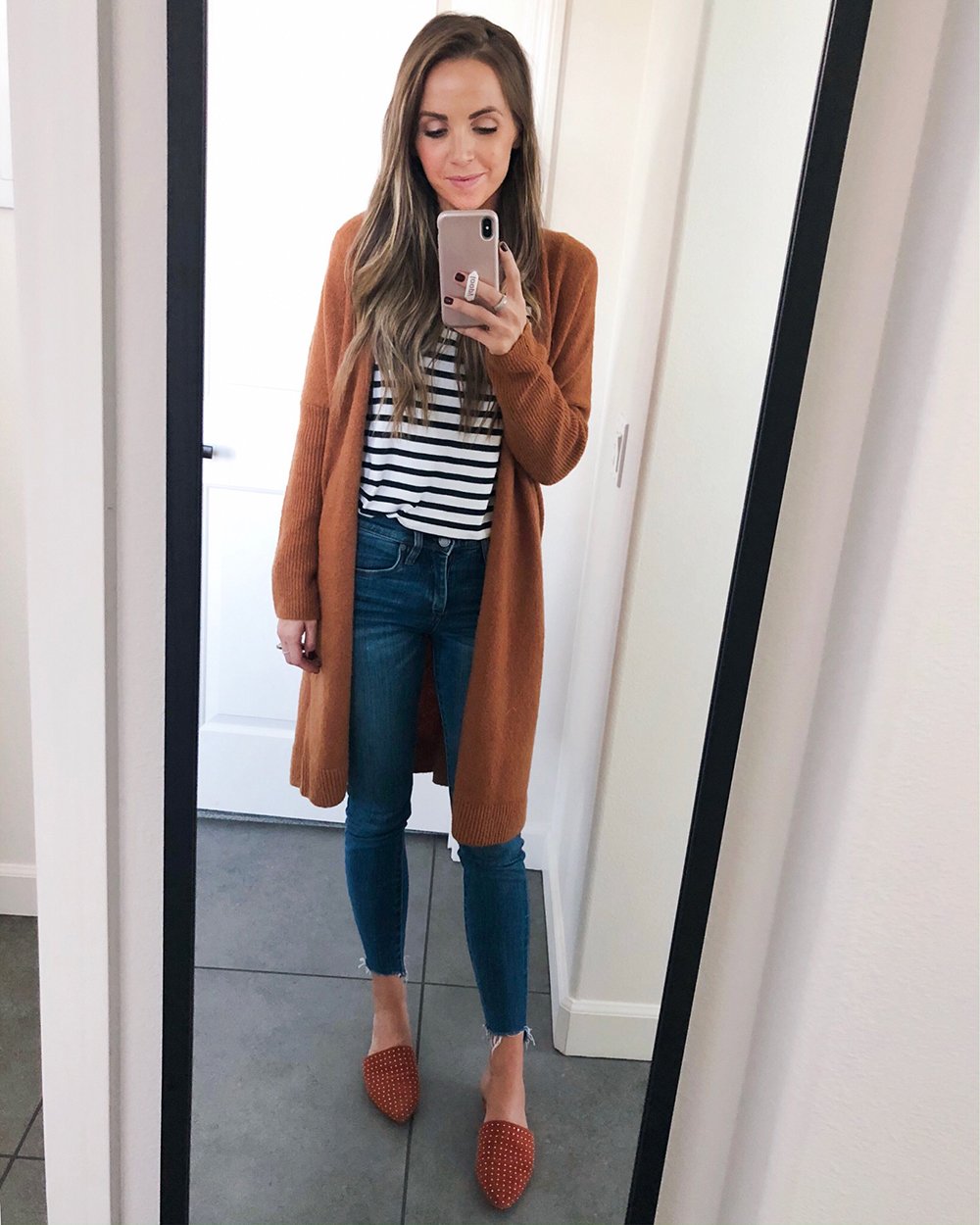 camel cardigan and striped tee