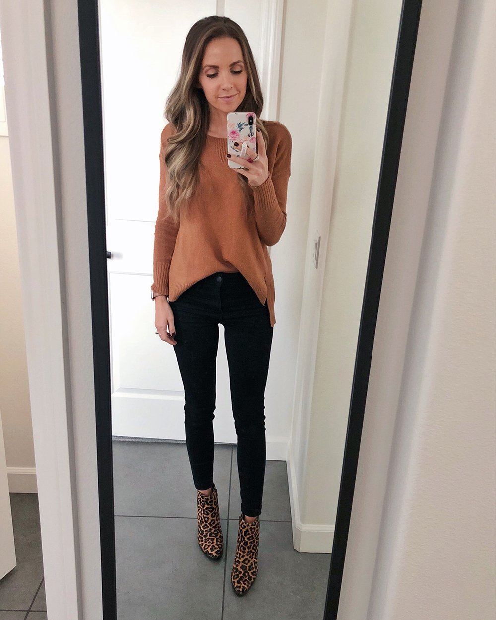 camel sweater and leopard print ankle boots