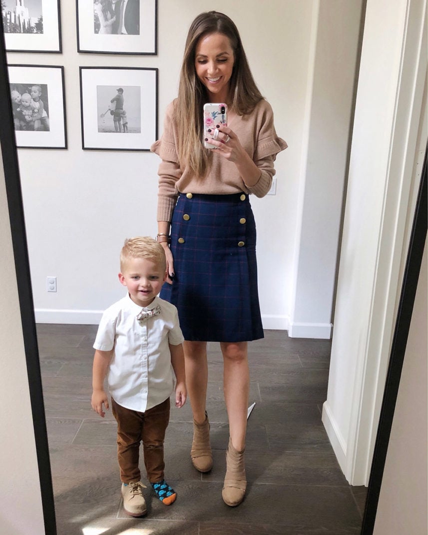camel sweater and skirt