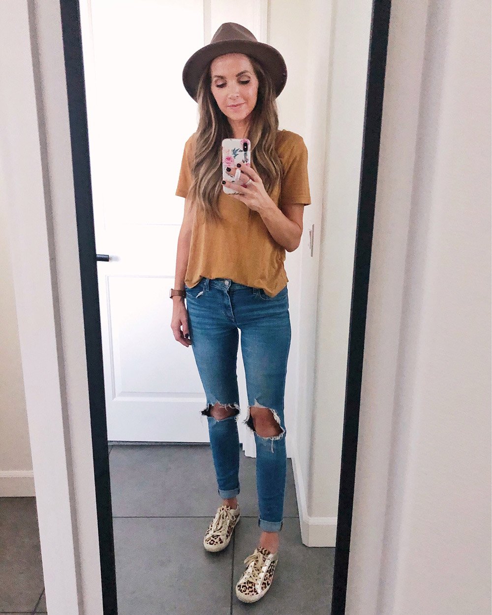 camel vneck tshirt and jeans