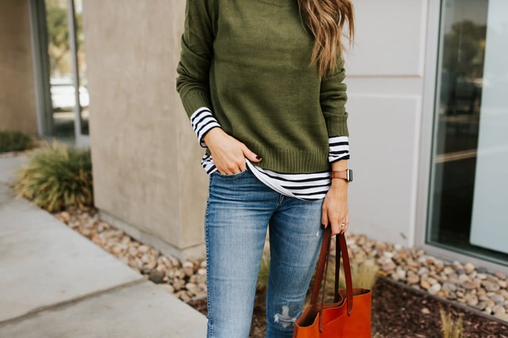 an easy layering idea with stripes and a sweater