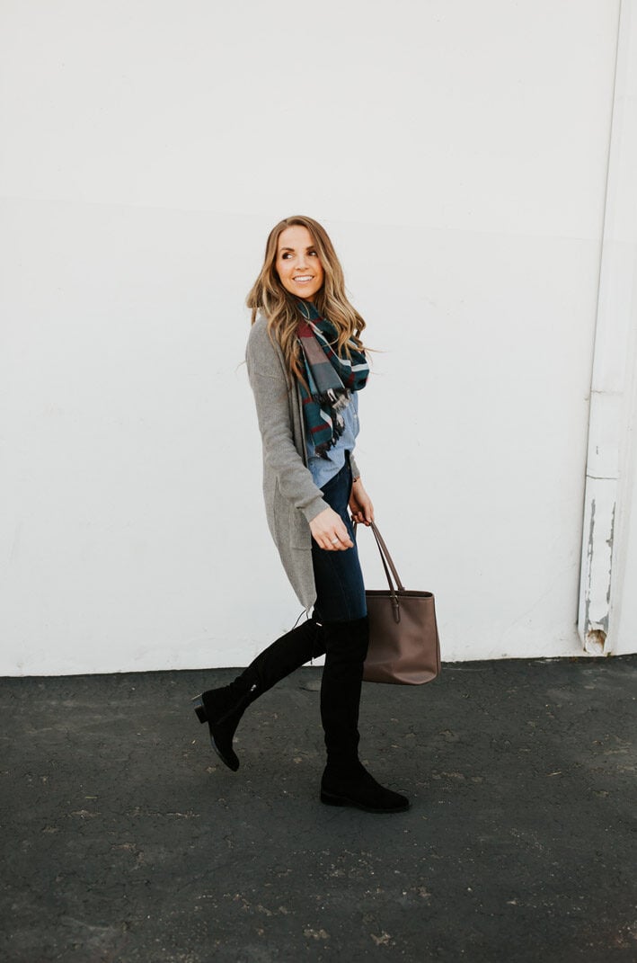 over the knee boots with scarf and cardigan