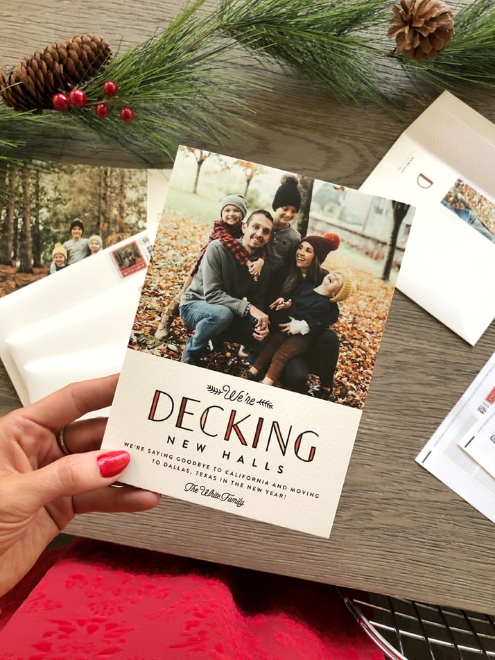 minted Christmas cards announcing our move to texas