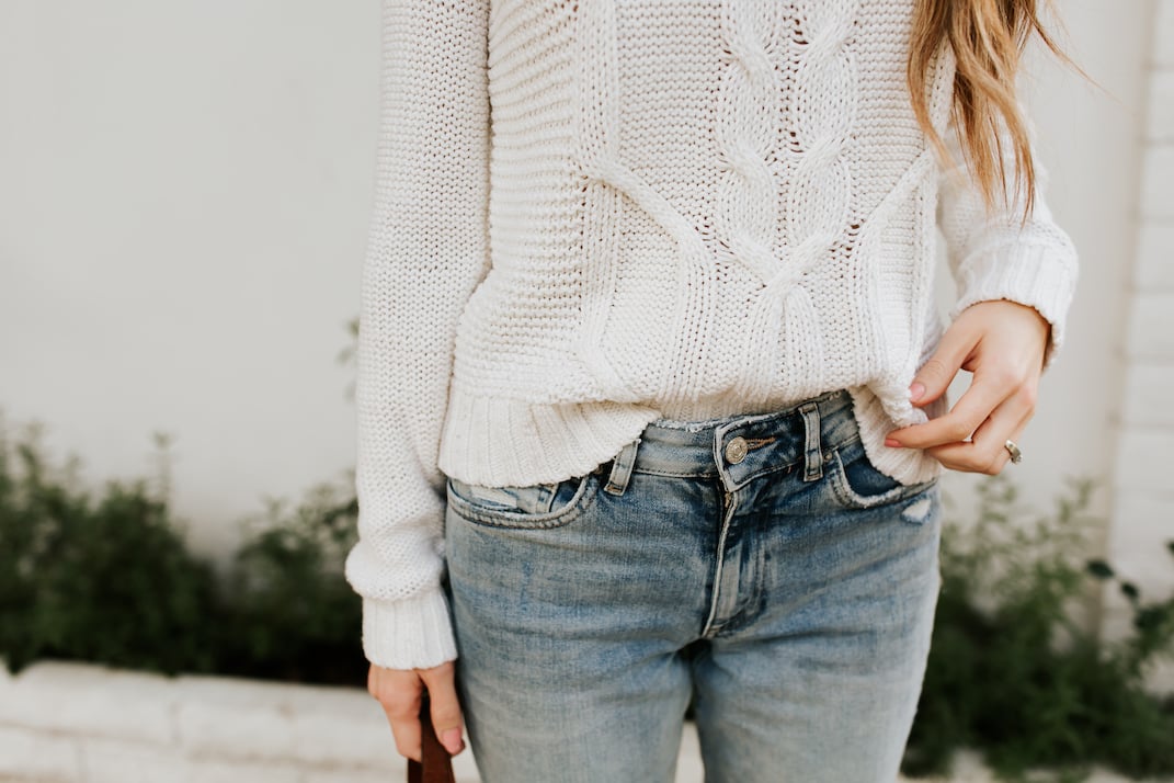 cable knit and light wash denim