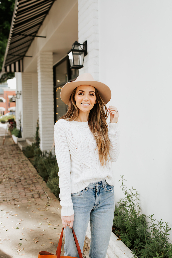 cable knit and felt hat outfit