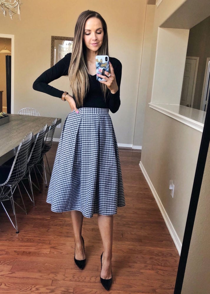 black bodysuit gingham skirt