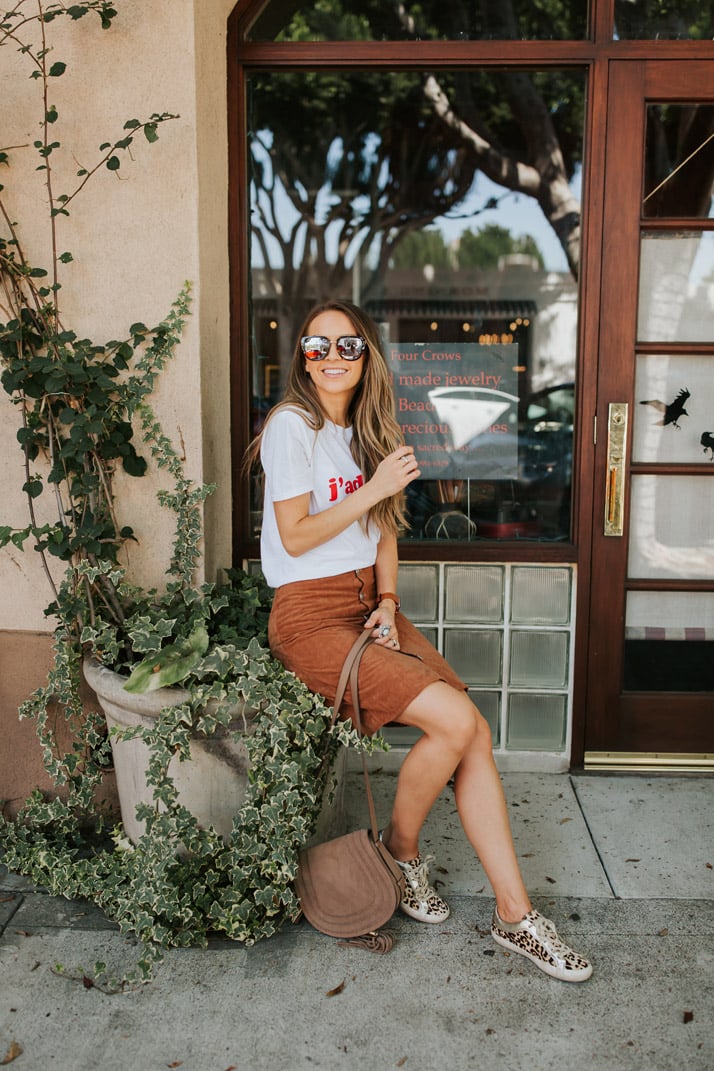 suede skirt with graphic tee