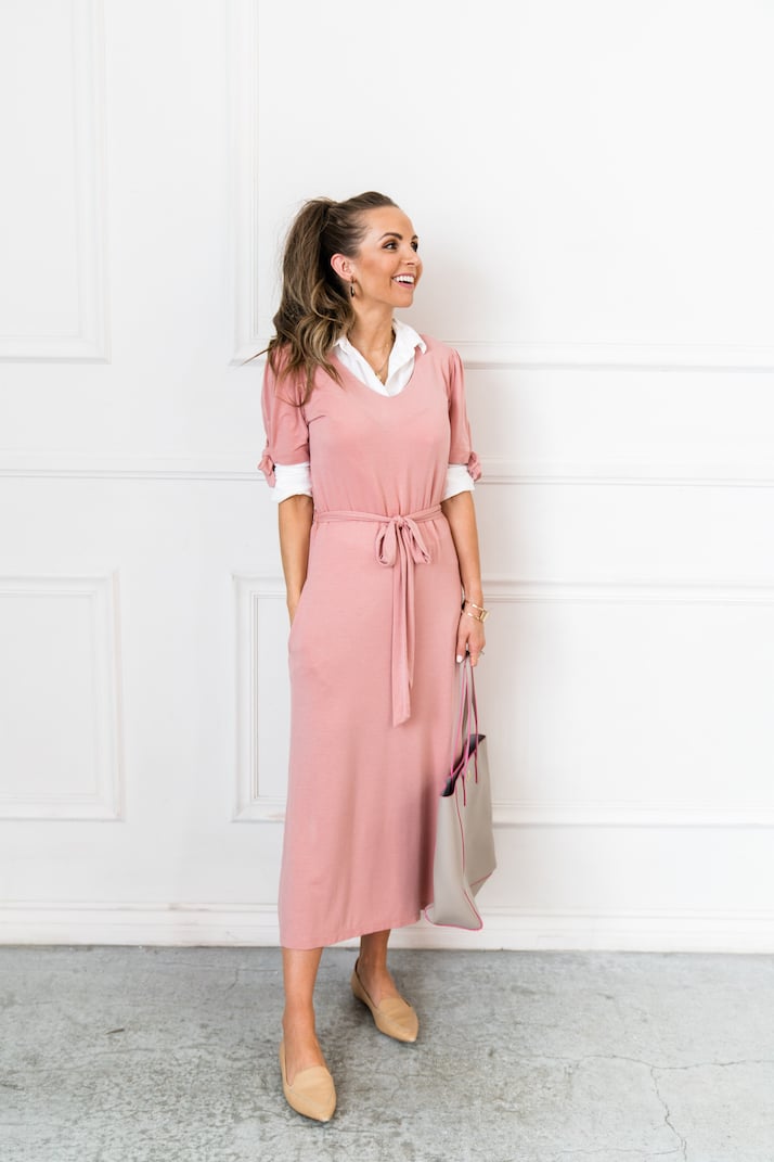 layer a button up under your anywhere dress for a sophisticated work outfit