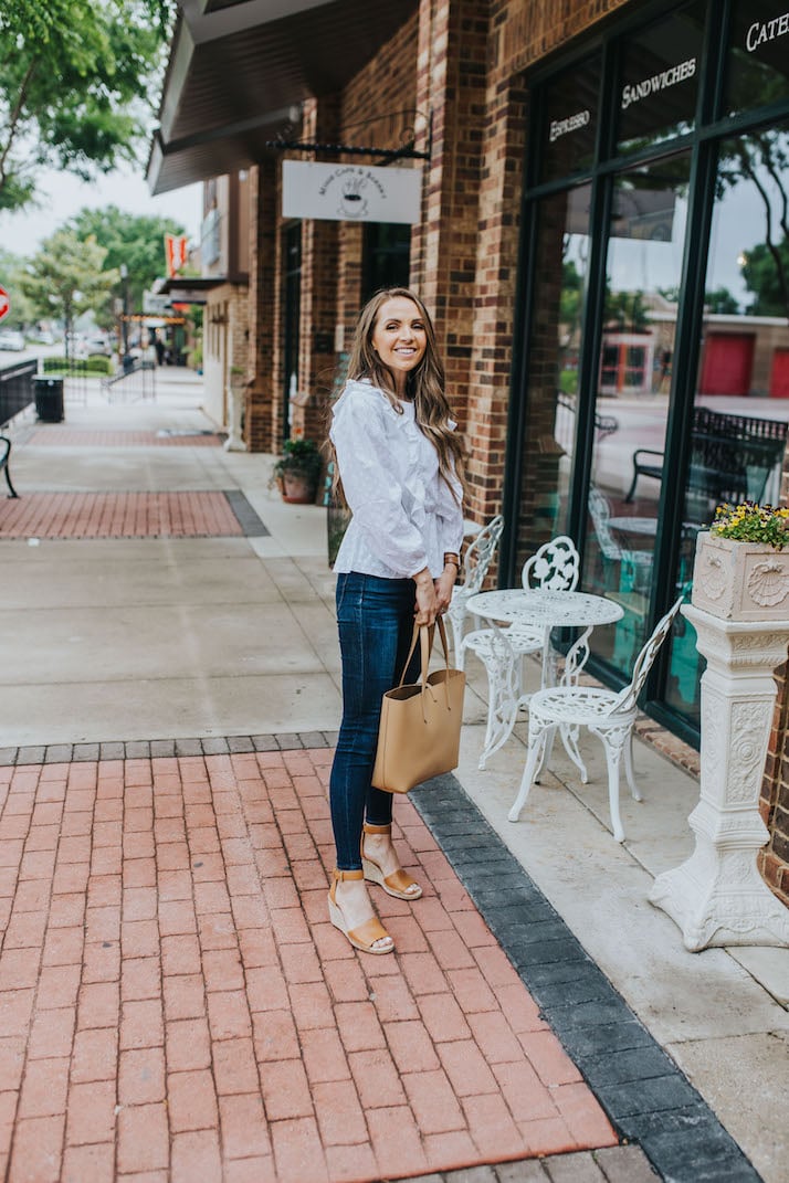jeans, wedges, and a cute top for a dressed up everyday look